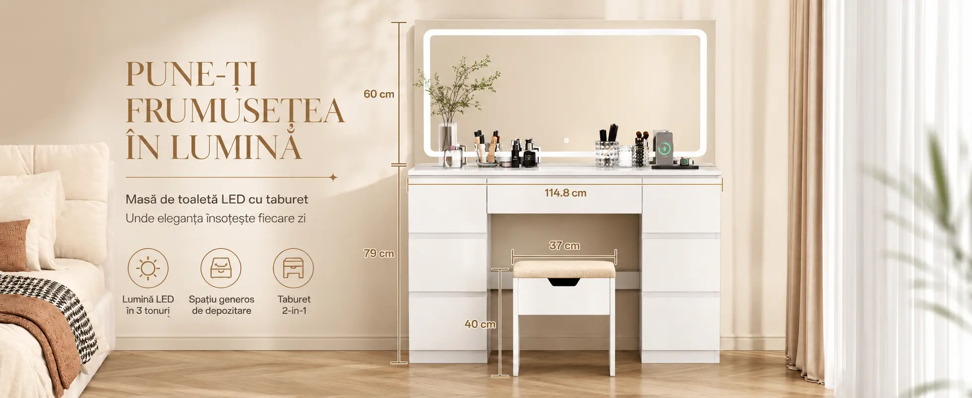 Masă de toaletă ELARA cu oglindă LED — imagine detaliată 1